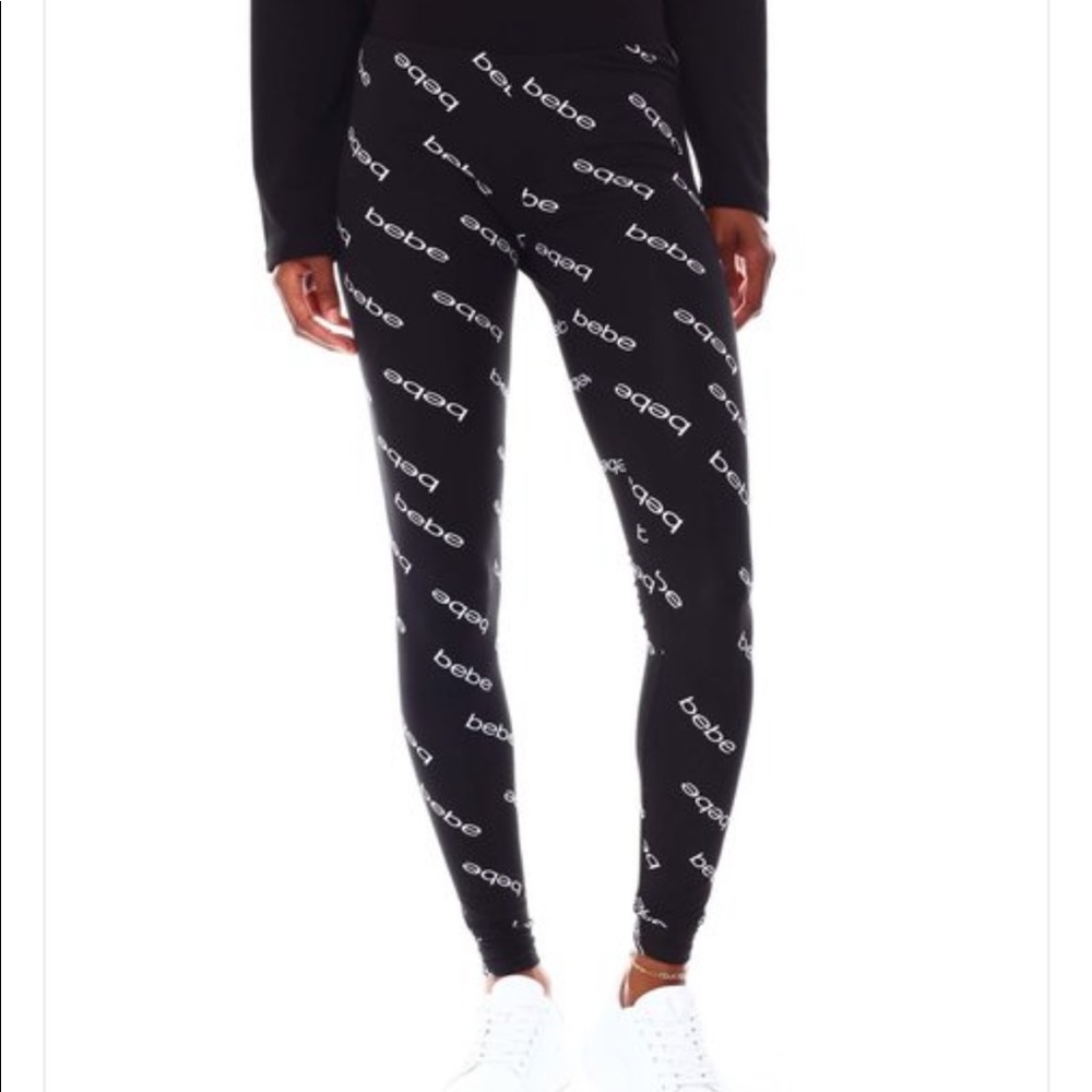 Bebe all over print bebe logo leggings black white soft